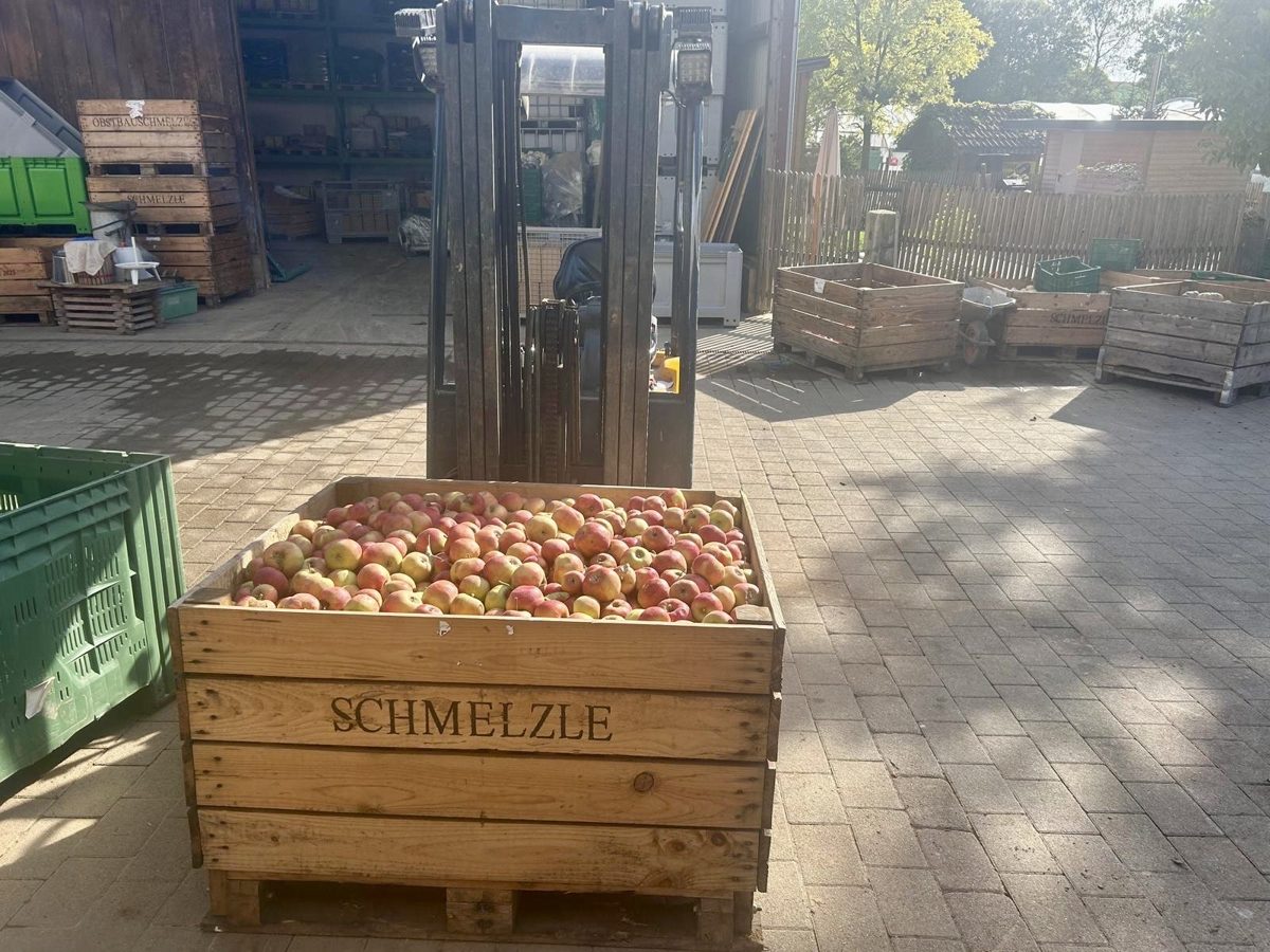 Holzkiste mit Aufschrift Schmelzle voll frisch geernteter Äpfel